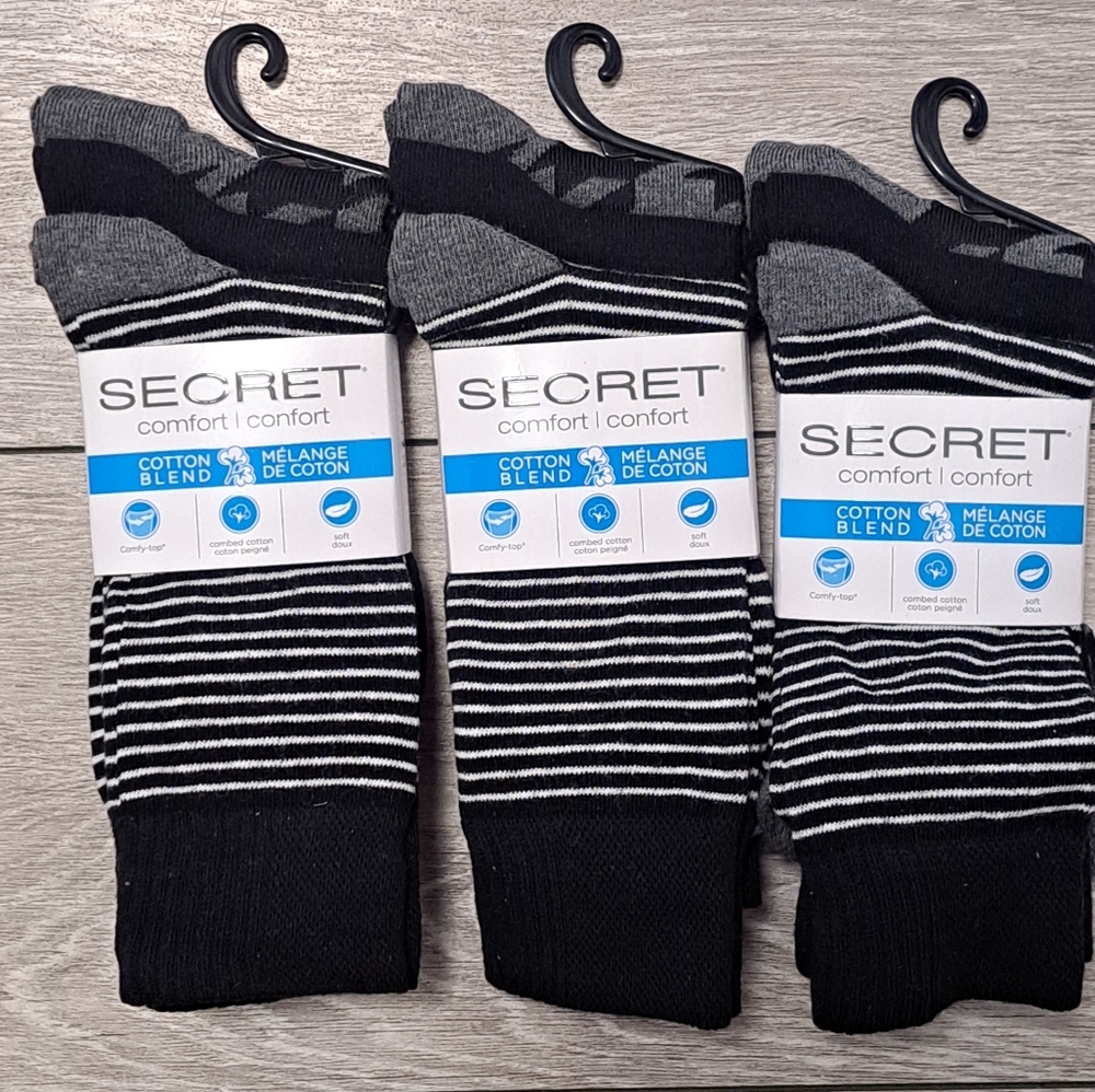Lot Of 3 Secret Comfort Cotton Blend Women's 3Pair Black&White Striped Crew Sock